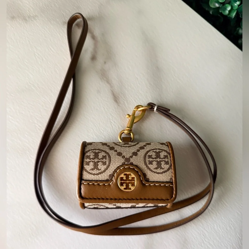 Tory Burch Tan Logo AirPod Holder Bag Charm on Strap